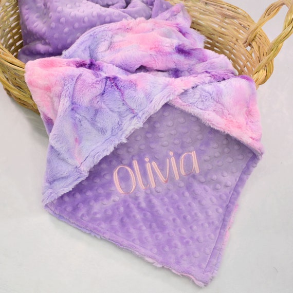 Plush Tie Dye Personalized Minky Baby Blanket, Pink and Purple Blanket for Babies, Kids and Adults