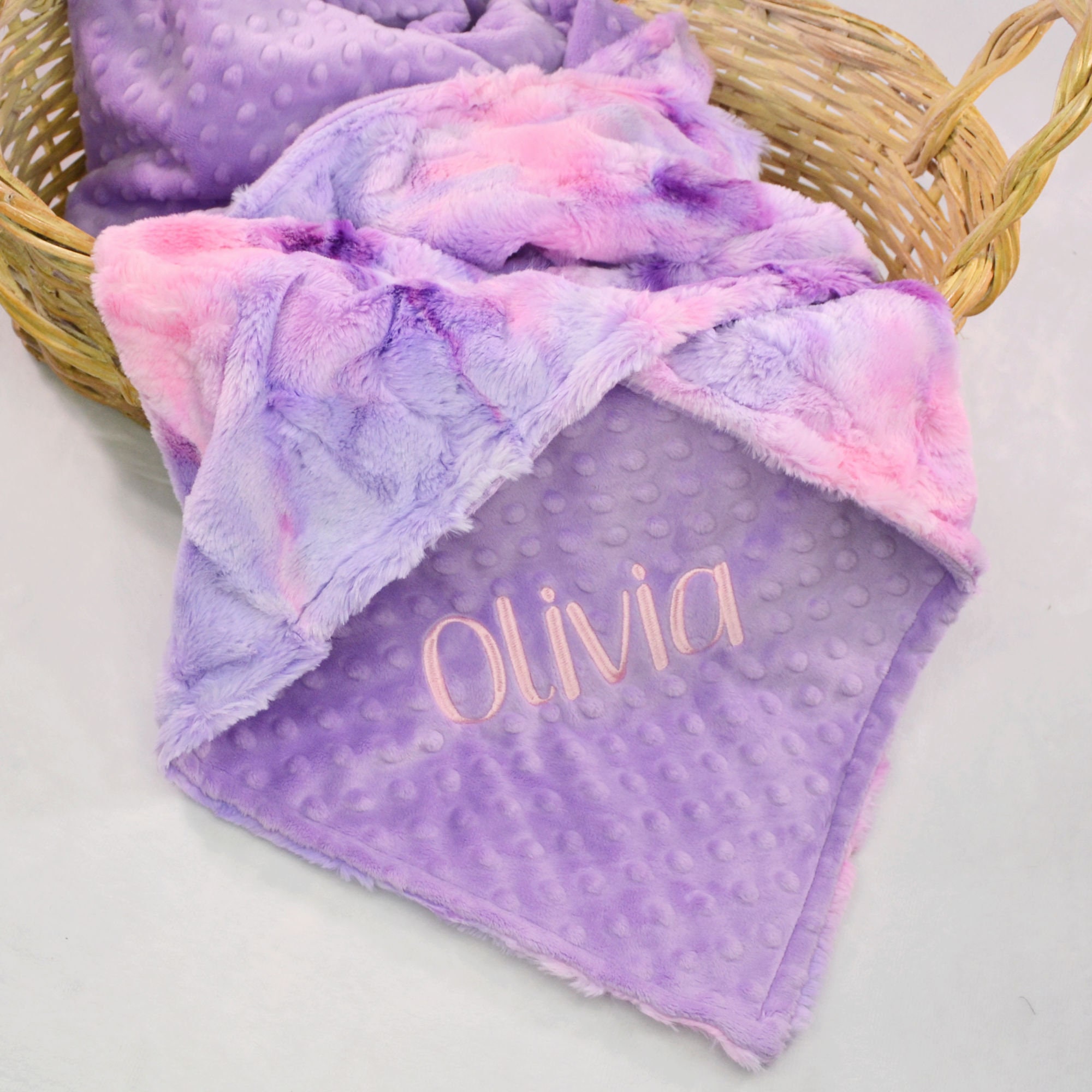 Plush Tie Dye Personalized Minky Baby Blanket, Pink and Purple Blanket for Babies, Kids and Adults