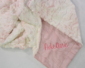 Light Pink Plush Minky Baby Blanket, Personalized Rosewater Snowy Owl Throw Blanket