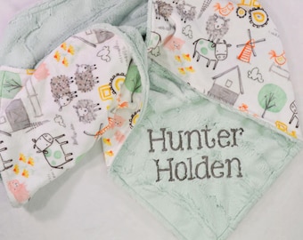 Personalized Farm Animal Crib Blanket, Farm Minky Baby Blanket