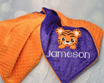 Personalized Tiger Minky Baby Blanket, Purple and Orange Tiger Minky Blanket
