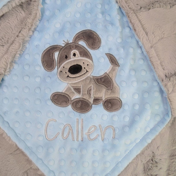 Puppy Minky Baby Blanket, Personalized Dot Baby Blanket, Dog Applique Blanket, Minky Crib Blanket, Monogrammed Blanket, Puppy Minky Blanket