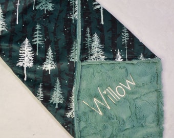 Soft and Warm Evergreen Forest Minky Blanket, Personalized Blanket for Babies, Kids and Adults