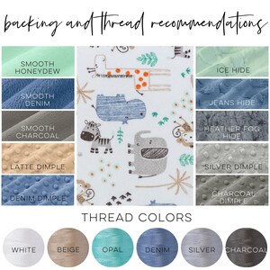 May include: A chart showing different fabric textures and thread colors for a baby blanket. The fabric textures include smooth honeydew, smooth denim, smooth charcoal, latte dimple, denim dimple, ice hide, jeans hide, heather fog hide, silver dimple, and charcoal dimple. The thread colors include white, beige, opal, denim, silver, and charcoal.