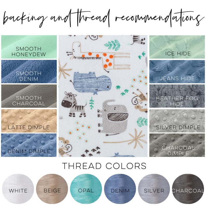 May include: A chart showing different fabric textures and thread colors for a baby blanket. The fabric textures include smooth honeydew, smooth denim, smooth charcoal, latte dimple, denim dimple, ice hide, jeans hide, heather fog hide, silver dimple, and charcoal dimple. The thread colors include white, beige, opal, denim, silver, and charcoal.