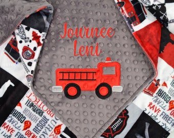 Embroidered Firetruck Minky Baby Blanket, Personalized Firefighter Minky Blanket