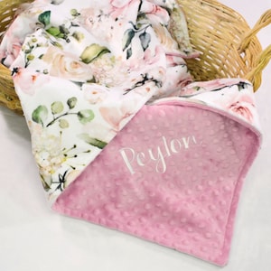 Personalized Floral Minky Baby Blanket, Floral Throw Blanket, Newborn Keepsake