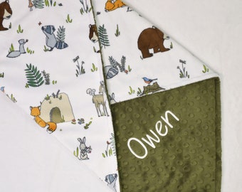 Woodland Animal Minky Baby Blanket, Personalized Newborn Keepsake