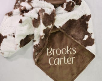 Personalized Brown Cow Print Minky Blanket, Cow Blanket for Babies, Kids and Adults