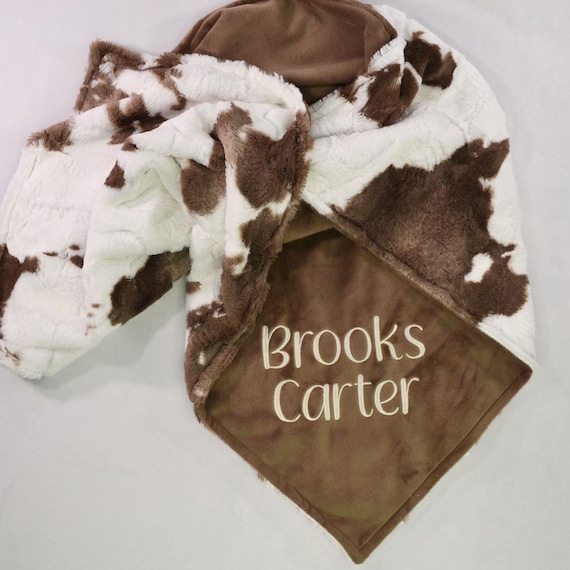 Personalized Brown Cow Print Minky Blanket, Cow Blanket for Babies, Kids and Adults