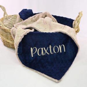 Navy Blue and Tan Personalized Minky Blanket, Dimple Baby Blanket, Baby Shower Gift