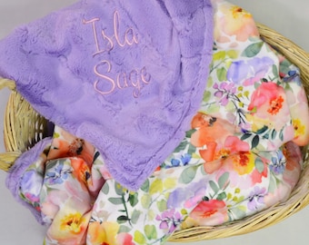 Personalized Floral Minky Baby Blanket, Watercolor Floral Minky Blanket