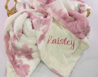 Personalized Pink Cow Print Minky Baby Blanket, Cow Print Crib Blanket