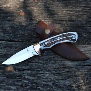 Custom Hunting Knife Model 11 Genuine Deer Antler Handle, Leather Sheath Stainless Steel Blade