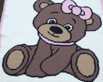 Crocheted Baby Blanket featuring Teddy Bear, Nursery Bedding, Cot Cover, Baby Girl Gift, Handmade