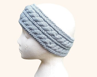 Handcrafted Ladies Headband, Grey Green Wool, Cable Knit Design, Winter Accessory, Hat Alternative