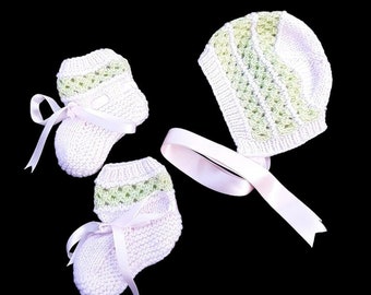 Hand knitted pink and green baby bonnet and booties set 0 - 6 months