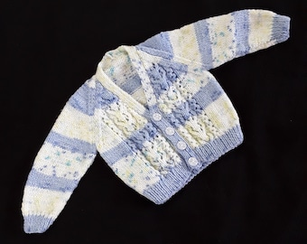 Baby cardigan hand knitted in blue and cream - 6 - 12 months - knitted baby clothes