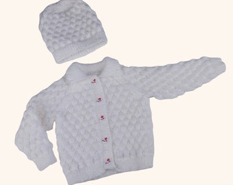 White Baby Cardigan and Hat Set, Hand Knitted in Bubble Stitch Pattern, Gender Neutral, Baby Gift Set, 9-18 Months