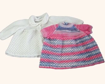 Hand Knitted Sparkly Pink and Blue Baby Dress, White Cardigan, 3-6 months Knitwear, Baby Girl Clothes Gift