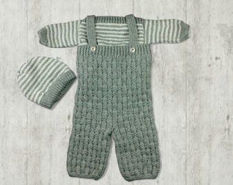 Grey and White Baby Clothes Set, Hand Knitted Jumper, Dungarees and Hat, 0-3 Months, Gender-Neutral, New Baby Gift