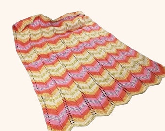 Orange, Pink and Green Hand Knitted Baby Blanket, Chevron Pattern, Crib Blanket, Pram Cover, Baby Shower Gift