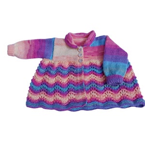 Baby Girl Cardigan 0-3 Months, Rainbow Hand Knitted Matinee Coat, Traditional Style Infant Knitwear image 3