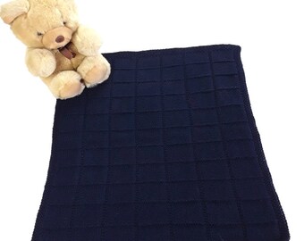 Navy blue baby blanket hand knitted for car seat, buggy or pram