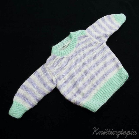 Hand Knitted Baby Jumper 8-9 Months Mauve & White Stripe 4ply Hand Knitted Baby Jumper 8-9 Months Mauve & White Stripe 4ply