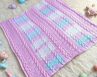 Coperta per neonati lavorata a mano, maglia a trecce rosa e pastello, regalo per neonati, copertura per culla o carrozzina