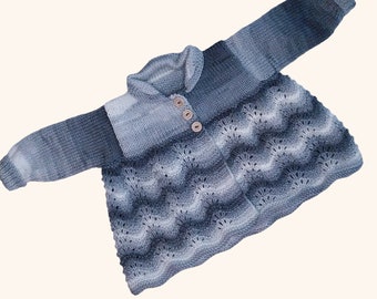 Hand Knitted Baby Cardigan, Grey White Ombre, 0-3 Months, Newborn, Gender-Neutral