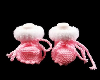 Hand knitted baby girl pink booties with white fluffy trim 0 - 3 months