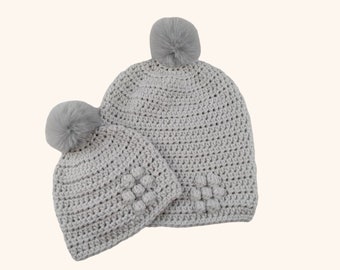 Crochet Matching Mummy and Baby Hats, Bobble Flower Detail, Faux Fur Pompom, Silver Grey, Mother and Child Beanie Set