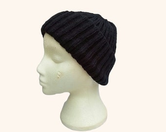 Men's Hand Knitted Black Winter Hat, Traditional Ribbed Beanie, Unisex Workwear Knit Cap