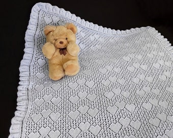 Lacy Blue Shawl, Hand Knitted Baby Blanket, Christening Gift with Hearts, Newborn Keepsake