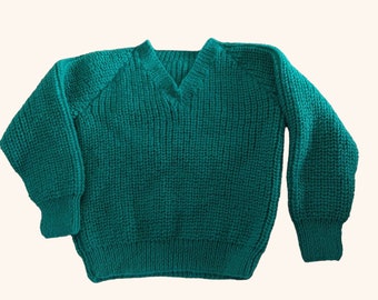 Handmade Green V Neck Jumper for 6-7 Year Olds, Hand Knitted Children's Sweater with Textured Pattern