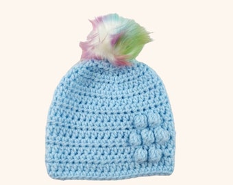 Blue Crocheted Baby Hat, Faux Fur Pom Pom, Bobble Flower Detail, 0-3 Months, Newborn Beanie