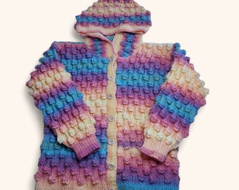 Children's Hooded Cardigan, 6-7 Years, Hand Knitted Rainbow Cardigan, Multicoloured Knitwear, Abstract Design
