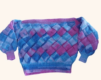 Pink and Blue Hand Knitted Baby Jumper, Toddler Sweater with Woven Effect, Sparkly, 2-3 Years