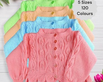 Girls Hand Knitted Cardigan, Leaf Cable Knit, Custom Colour Childrens Sweater, Flower Girl Outfit