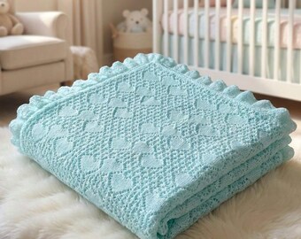 Handmade Mint Green Baby Shawl, Heart Lace Knitted Blanket for Newborns, Christenings & Baby Gifts