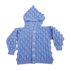 Knitted Baby Cardigan, Handmade Bobble Pattern, Blue Hooded Jacket, New Baby Gift, 6-12 Months image 2