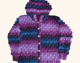 Hand Knitted Children's Hooded Cardigan, Bobble Jacket Ages 6-7, Multicoloured Knitwear in Purple Green Grey, Hoodie