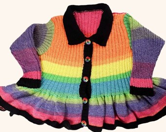 Colourful sparkly rainbow girls hand knitted peplum cardigan 30 inch chest