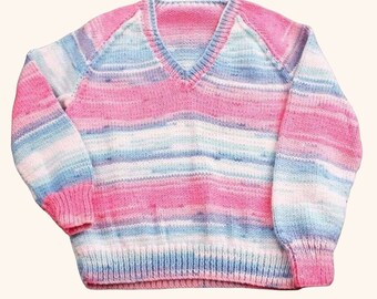 Hand Knitted Sparkly Girls Jumper, 28 Inch Chest, Pink & Blue, Handmade Sweater, Kids Clothing