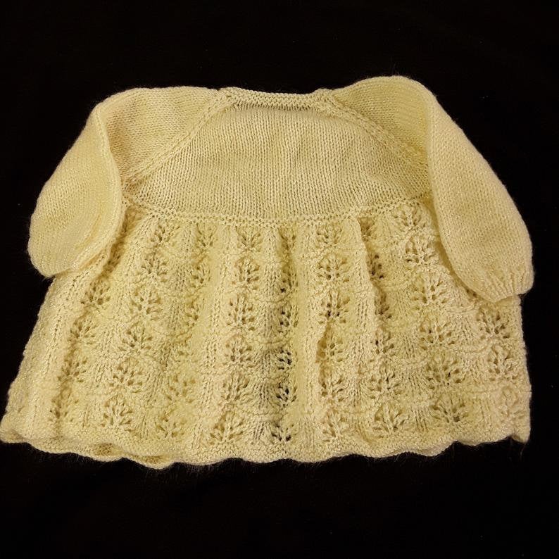 Hand knitted baby cardigan bonnet booties and mittens set 6-12 months knitted baby clothes matinee set in lemon