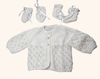 Baby Shower Gift Set, Cream Cardigan Booties Mittens, Hand Knitted, 3-6 Months, Matinee Clothes