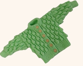 Green Hand Knitted Baby Cardigan, Gender Neutral, Bobble Pattern, 0-6 Months, Knit Baby Sweater