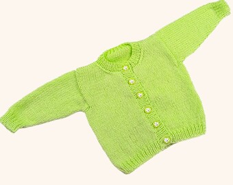 Hand Knitted Unisex Baby Cardigan 0-3 Months in Lime Green, Gender Neutral Baby Knitwear, Bright Infant Sweater