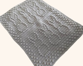 Grey Crocheted Baby Blanket, Textured Bunny design, Newborn Gift, Cot Cover, Baby Shower Gift